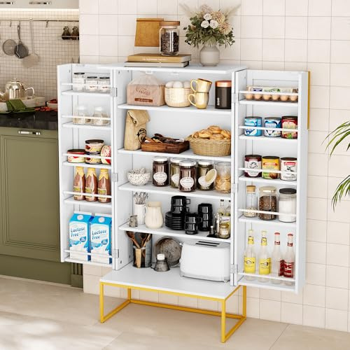 HOLTICO Küchenschrank, Buffetschrank mit Verstellbaren Regalen | Mehrzweckschrank, Vorratsschrank, Hochschrank, Schrank freistehend für Küche, Badzimmer, Wohnzimmer (Stil 2 - Weiß)