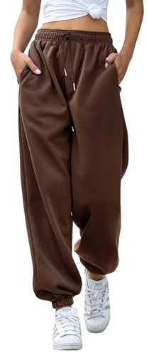 EBANKU Dam Cinch Bottom Sweatpants med fickor, enkel träningsbyxa lös passform elastisk midja byxor för vardaglig hiphop, gym och jogging (85 % bomull), Brun, M