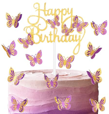 Gold Schmetterling Happy Birthday Cake Toppers Gold Lila Schmetterling Kuchen Topper für Kuchen Glitzer Schmetterling Kuchen Dekorationen Schmetterling Thema Kuchen Cupcake Topper für Mädchen Frauen