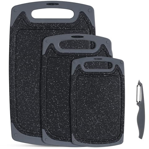 SKERITO Chopping Board Set, Kitchen Cutting Boards, BPA Free Plastic Chopping Boards with Non-Slip Feet and Deep Drip Juice Groove, Dishwasher Safe Cutting Board, 3pcs, Black
