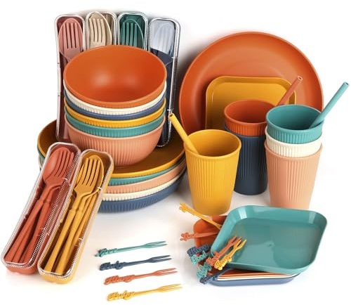 Sour Lemon 72-Piece Unbreakable Plastic Dinnerware Set - Lightweight Colorful Tableware With Plates, Bowls, Cups, Cutlery, Straws and Forks for Camping