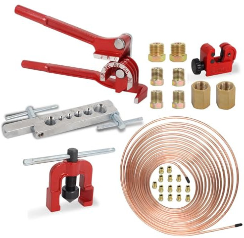 Poweka Kit D'outils pour ÉLargir Les Conduites de Frein，Conduite de Frein 7,6 m 4,7 mm (16 Raccords et 4 Connecteurs), Cintreuse de Conduite de Frein, Outil D'évasement Double et Simple, Coupe Tubes