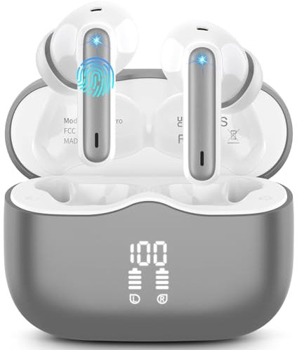 Wireless Earbuds, Bluetooth 5.3 Headphones in Ear with HiFi Stereo Deep Bass, 4 ENC Noise Cancelling Mic Wireless Earphones 40H Playtime, Bluetooth Earbuds Dual LED Display, IP7 Waterproof, Grey