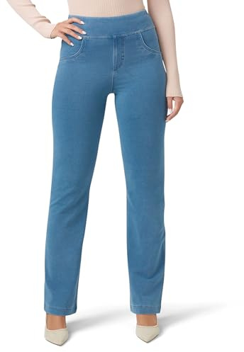 HUE Women's Super Soft Stretch High Rise Straight Leg Denim Leggings, Jeggings with No Side Seams, Classic Light Wash, Large
