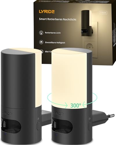 Lyridz Nachtlicht mit Bewegungsmelder 300° Drehbar, Leuchtdauer 60/120s | 2 Stück Led Nachtlicht Steckdose Dimmbar, Dreiseitige Ausleuchtung Vorne, Hinten und Seitlich 2700k für Flur, Treppe, Küche