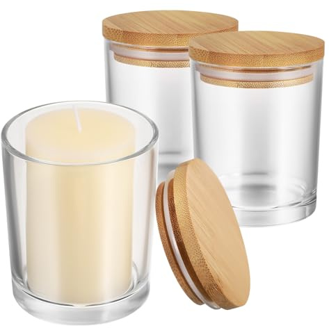 NUOBESTY 3 Pcs Glass Candle Jars with Lids for Candle Making and Home Decor, 180ml round Airtight Containers with High Temperature Resistant Glass and Wooden Lids