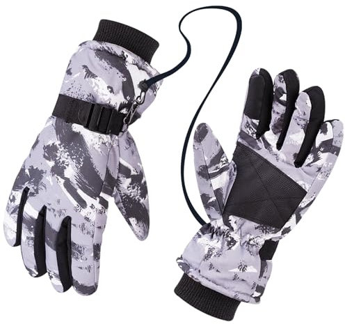 TYXHXTF Gants de Ski Enfants, Gants de Neige Hiver pour Ski Snowboard Vélo Équitation Candonnée Cyclisme, aux Filles et Garçon de 9 à 15 Ans(Gris)