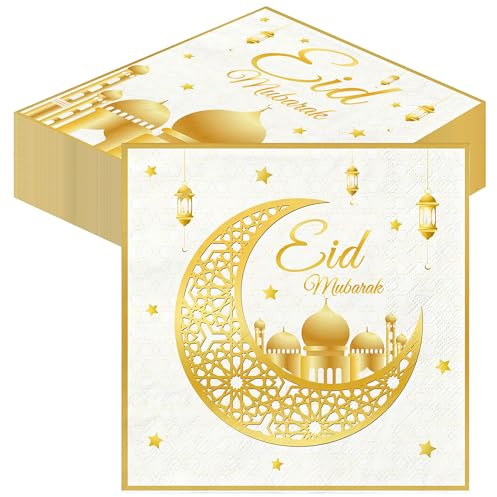 Eid Mubarak Lot de 40 serviettes de décoration pour l'Aïd Mubarak - Serviettes en papier pour l'Aïd Mubarak - Serviettes en papier pour l'Aïd Ramadan - 33 x 33 cm - Décoration de fête de l'Aïd