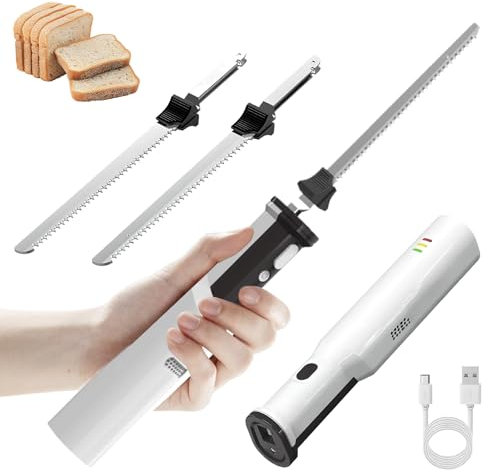 Couteau à découper électrique, couteau à pain rechargeable sans fil avec 2 lames en acier inoxydable, lampe de travail LED/démontage rapide/mise hors tension automatique, pour trancher et découper