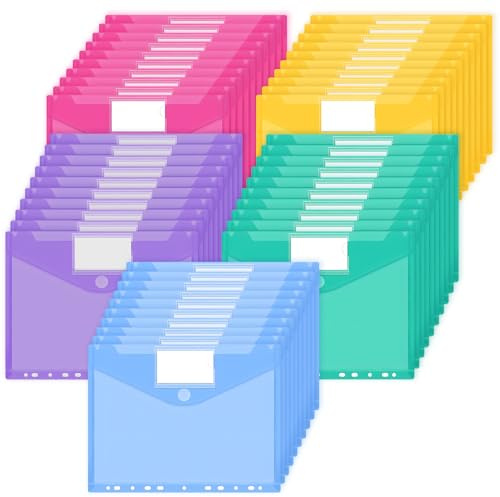 JEFURE Carpetas Plastico A4 50 PCS, Sobres Plastico A4 de 5 Colores, Carpeta Sobre con 11 Agujeros y Cierre a Presión con Solapa, Carpeta Transparente con Etiquetas Bolsillos para Organizar Documentos