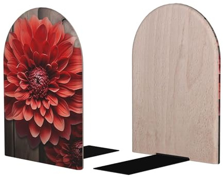 Serre-livres en bois robuste pour étagères, serre-livres décoratifs antidérapants en forme de fleur de dahlia rouge pour la maison, le bureau, la bibliothèque
