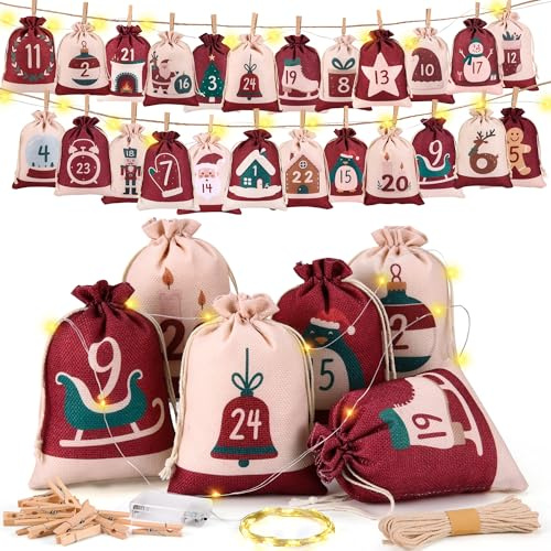 DazSpirit 24 Adventskalender zum Befüllen 2026 mit LED-Lichterkette | DIY Adventskalender Säckchen Groß Stoffbeutel, Weihnachtskalender Säckchen mit Holzklammern und Hanfseil
