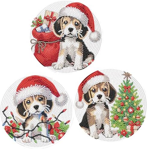 SHEGZHUC Lot de 3 sets de table Diamond Painting - 15 cm - Peinture diamant - Noël - Chien - Dessous de plat avec tapis antidérapant - Décoration de table - Sets de table pour bol, casseroles, poêles