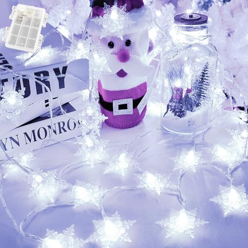 Gcstnn Lichterkette Batterie Außen, 3M 20 LED Schneeflocke Kaltweiß Lichterkette mit 6h Timer, IP65 Wasserdicht für Zimmer Weihnachten Außen Innen Dekorationen