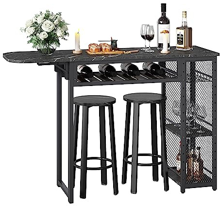 Bartisch Set, Tresentisch mit 2 Barhocker, Esstisch Stehtisch mit Weinglashalter & Ablage, Küchentisch im Industrie-Stil, Stehtisch für Bar, Bistro & Wohnzimmer (Schwarz)