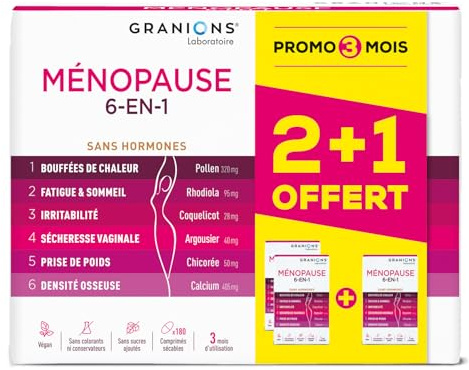 Menopause Perte De Poids - Granions Menopause 6-En-1 - Bouffees Chaleur | Complexe 6 en 1 menopause, aide a gerer bouffees de chaleur, perte de poids, fatigue et irritabilite - cure de 3 mois