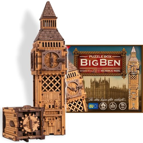 Caja de Puzzle de Madera Big Ben – Puzzle 3D para Adultos Tipo Escape Room | Rompecabezas Difícil y Caja Mecánica Estilo Cluebox | Sin Pegamento