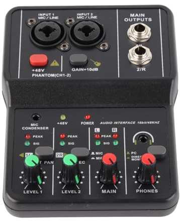 Wakects 2-Kanal-Audiomischer, USB-Soundmischpult mit 48-V-Phantomspeisung und 16-Bit-48-kHz-Audioauflösung für Musikaufnahmen, Heim-Karaoke, Internet-Karaoke