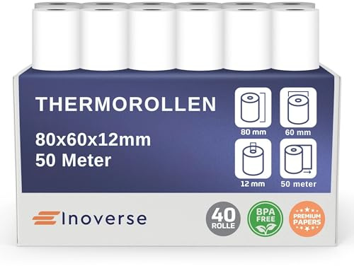 Inoverse 40 rullar EC-Cash termopappersrullar 80 mm x 60 mm x 12 mm 50 m - kvittorullar termopapper BPA-fritt kompatibelt med kvittskrivare kassasystem EC-enhet bankomat