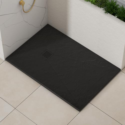 Luxor Rectangular 1400 x 700 x 30mm Black Slate Effect Stone Shower Tray Slip-Resistance for Shower Enclosure with Black Cover Grate