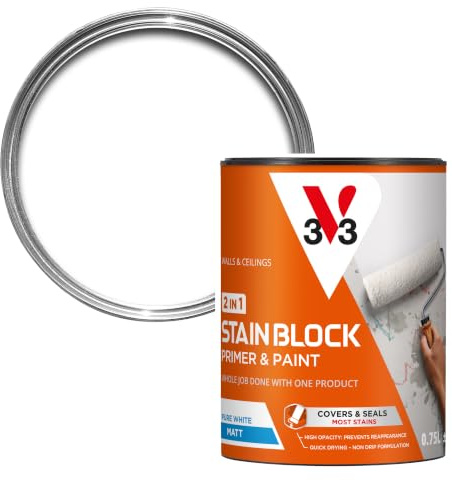 V33 Stain Block 2 in 1 Paint for Walls & Ceilings, Pure White Matt, 750ml | Built-in primer, Covers & seals stubborn stains, Highly opaque & non-drip formula, Quick-drying