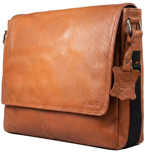 Crone Hamburg läder laptopväska, affärsväska av äkta läder, portfölj, arbetsväska, axelväska, laptopväska, konjak