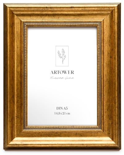 Artower® Barock Bilderrahmen DIN A5 14,8x21 cm Gold | Vintage Fotorahmen Gold Antik | Eleganter Rahmen für Fotos, Poster & Kunstdrucke | Goldener Bilderrahmen im Barockstil