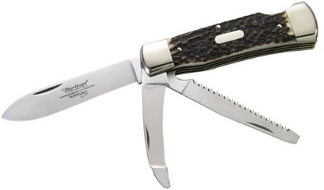 Hartkopf-Jagdtaschenmesser, Hirschhorn, Klinge 1.4110 Stahl, Säge und Aufbrechklinge 1.4034 Stahl, Neusilberbacken