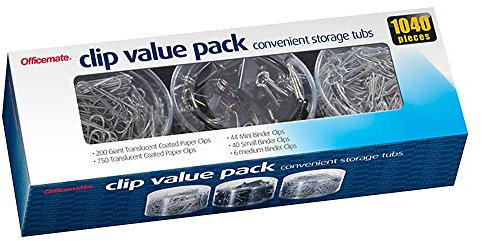 OfficemateOIC Clip Vorteilspack 1040 Stück, 200 riesige beschichtete Büroklammern, 750#2 beschichtete Büroklammern, 44 Mini, 40 kleine und 6 mittelgroße schwarze Binderklammern (97300)