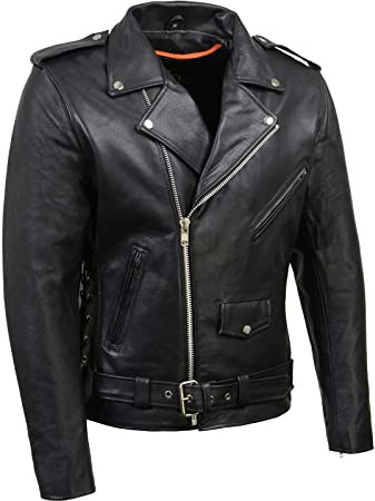 Milwaukee Leather SH1011 Men's Classic Brando Premium Leather Black Motorcycle Riders Leather Jacket w/Side Laces - Large