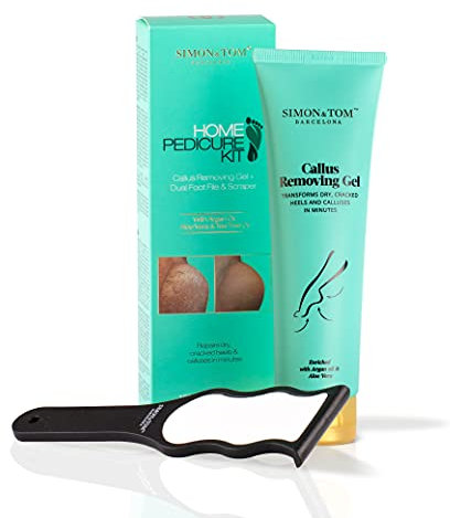 Simon&Tom Kit de pedicura - Formato Gel - Elimina Callos Durezas y mejora los Talones Agrietados con Aloe Vera y Aceite de Argán - Incluye Lima - 100 ml