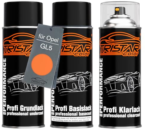 TRISTARcolor Autolack Spraydosen Set für Opel GL5 Safran Orange Metallic Grundlack Basislack Klarlack Sprühdose 400ml