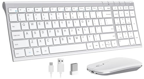 Wireless Keyboard and Mouse Combo, Seenda Ultra Thin Rechargeable Mouse and Keyboard Set with Number Pad(Compact Size, Metal Finish) for Windows, Silver and White