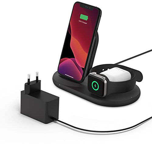 Belkin Caricabatteria wireless 3 in 1, stazione di ricarica da 7,5 W, dock per iPhone 15, 14, 13, Apple Watch ed AirPods e altri - Nero