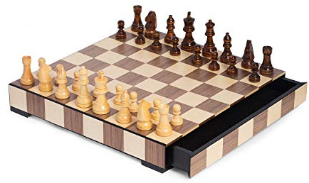 Bey-Berk Leonardo Chess and Checkers Set, Matte Walnut Inlaid Board with Storage Drawer and Wood Playing Pieces