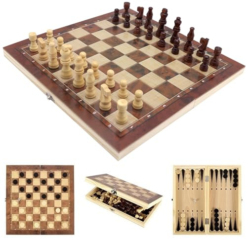 Icegrey Faltbares Magnetisches Holz Schachspiel 34x34cm | Traditionelle Spiele Tragbares Aufbewahrung Schachbrett Brettspiel Chess Set für Familie Geschenk Reisen Kinder Erwachsene