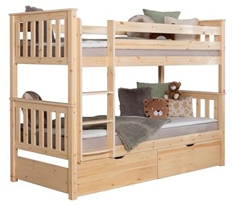 TiCAA Etagenbett, Kinderbett, Stockbett Funktionsbett für Kinder mit Treppe & Schubkasten mit Ausziehfunktion teilbar in Zwei Einzelbetten aus Kiefer Natur Massivholz Bettgestell 90 x 200