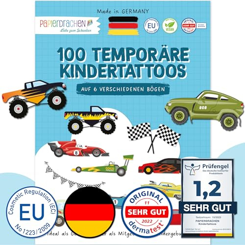 Papierdrachen 100 besonders hautfreundliche Kindertattoos - Tattoos Autos - für Kinder - für Jungen und Mädchen - geprüft & made in Germany - Set 25