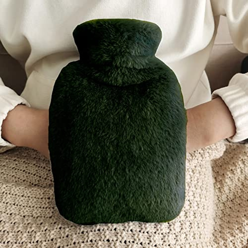 Wärmflasche mit Flauschige Bezug - Kuschelweichem Wärmeflasche mit Handwärmer, Bettflasche für Frauen Männer Kinder Warmflasche mit Bezug Zur Schmerzlinderung,Grün,2L