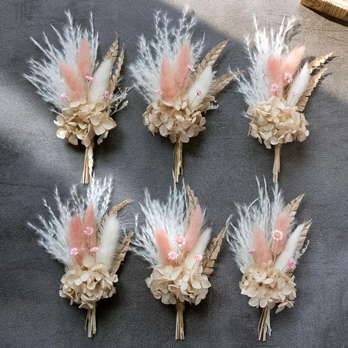 Miniature Dried Flower Bouquet (Pack of 6), Small Dried Pampas Grass, Small Dried Flowers for Crafts, Birthday Cake Bridesmaid Gift Box, Card Envelope Decoration. (Dusty Pink)