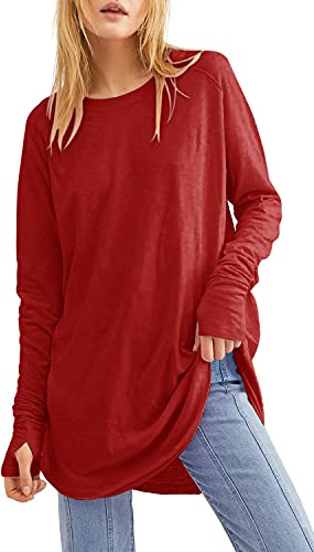 Långärmad damtopp, ledig T-shirt med rund hals, lös tunika, toppar, rund fåll, pullover, sweatshirt, blus med tumhål, Röd, XXL