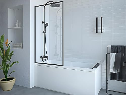 Vente-unique-Mampara para bañera negro mate estilo industrial - 70 x 140 cm - Cristal templado - BRADENTON
