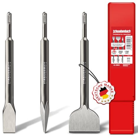 SCHWABENBACH ® SDS PLUS Meißel Set - 3tlg. 25mm + 50mm + Spitzmeißel - EXTREM ROBUST- Meissel kompatibel mit Bosch Hilti Bohrhammer - Premium Fliesenmeissel Set (kein SDS MAX)