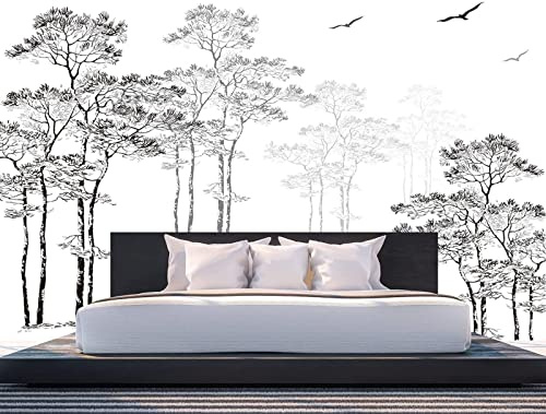 Papier Peint Panoramique Esquisse Noir Et Blanc Arbre Oiseau Volant Papier Peint Intissé 3D Tapisserie Poster Decoration Murale Chambre Salon