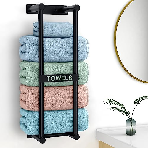 STWWO Porte Serviette Murale 56cm Noir Porte-Serviettes Salle de Bain Range Serviettes pour Serviettes Roulées Support Rangement de Bain, Métal