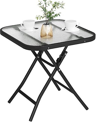 eSituro Klapptisch, Beistelltisch klappbar, Balkontisch Campingtisch Gartentisch Bistrotisch, mit Metallrahmen, rechteckige Tischplatte aus gehärtetem Glas, 46x46x48cm, Schwarz+transparent