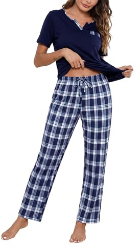 Bresdk Schlafanzug Damen Lang Zweiteiliger Pyjama mit Karierter Hose | Premium-Mix bietet hohe Atmungsaktivität, leichten Stretch und weichen Hautkomfort