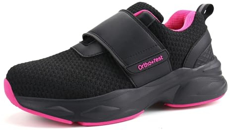 Ortho+rest diabetikerskor för kvinnor med justerbar stängning, ortopediska promenadskor, ödem skor för svullna fötter, svart rosa, 41 EU
