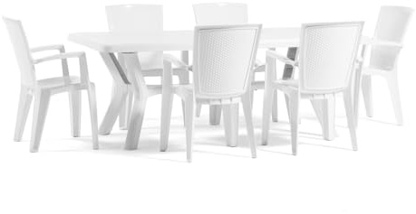 SIEDITI FUORI E DENTRO Set pranzo da giardino tavolo Samuel 200x95cm + 6 Sedie Diana in resina (Bianco)