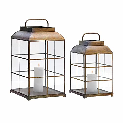 Loberon Laterne 2er Set Flavin, braun | Zwei Größen - Stilvoller Materialmix - Hochwertiges Antik-Finish - Tür zum Öffnen - Dekoration - Glas - Eisen